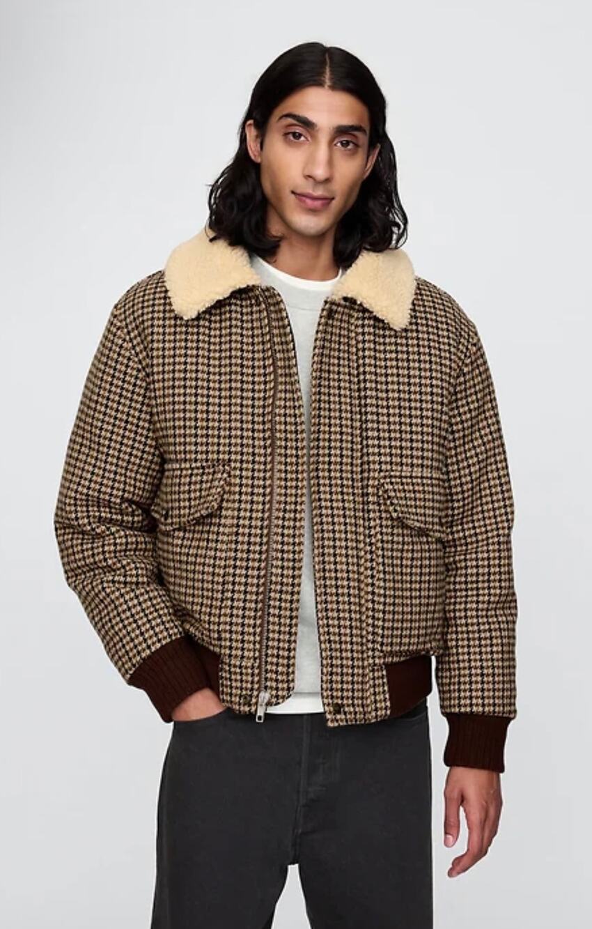 GAP Wool-Blend Brown Houndstooth Bomber Puffer Jacket Size Medium
